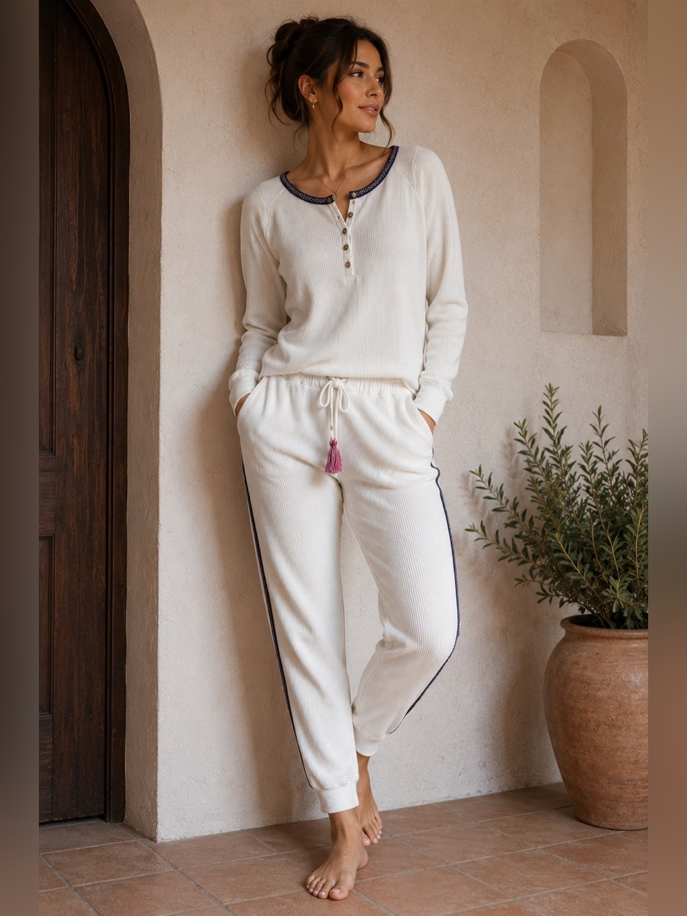 Sundance Thermal Pajama Set White Waffle Knit Lounge Joggers Sleepwear‎ M